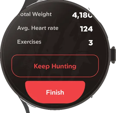 Watch: session summary with Keep Hunting and Finish