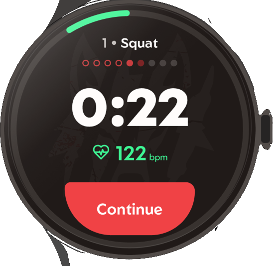 Pixel Watch: rest timer finished, heart rate under 130 bpm and Continue lit