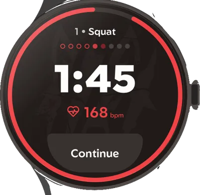 Watch: rest timer at 1:45, 168 bpm
