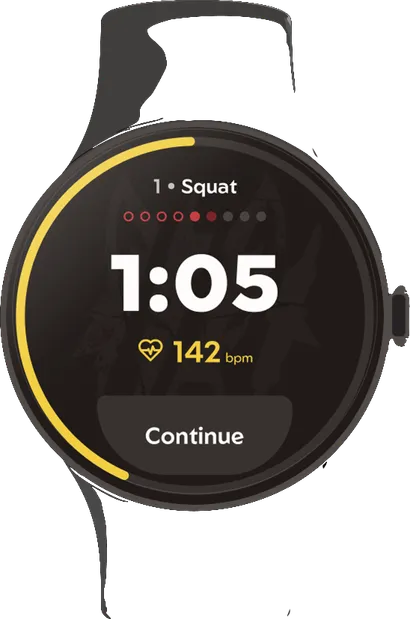 Watch: rest timer at 1:05, 142 bpm